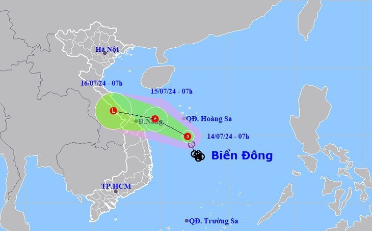 Dự báo đường đi của áp thấp nhiệt đới vào sáng nay 14-7 - Ảnh: TRUNG TÂM DỰ BÁO KHÍ TƯỢNG THỦY VĂN QUỐC GIA